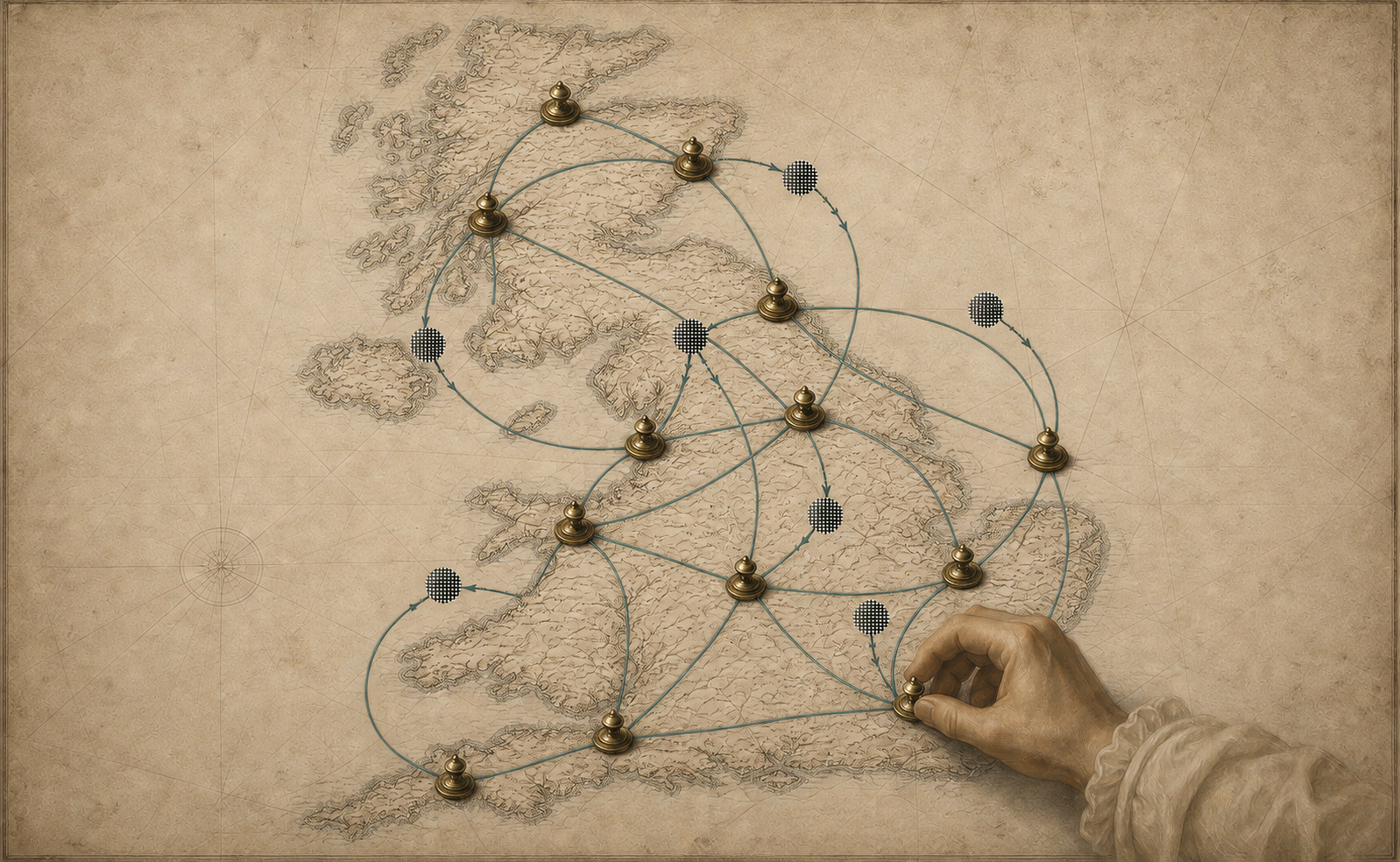 An archival map connecting AI builders across the United Kingdom